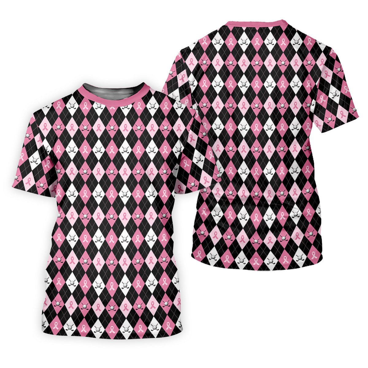 Black Pink Argyle Womens Golf Shirts, Breast Cancer Golf Shirt, Ladies Pink Golf Shirt, Golf Gift For Womens SH818