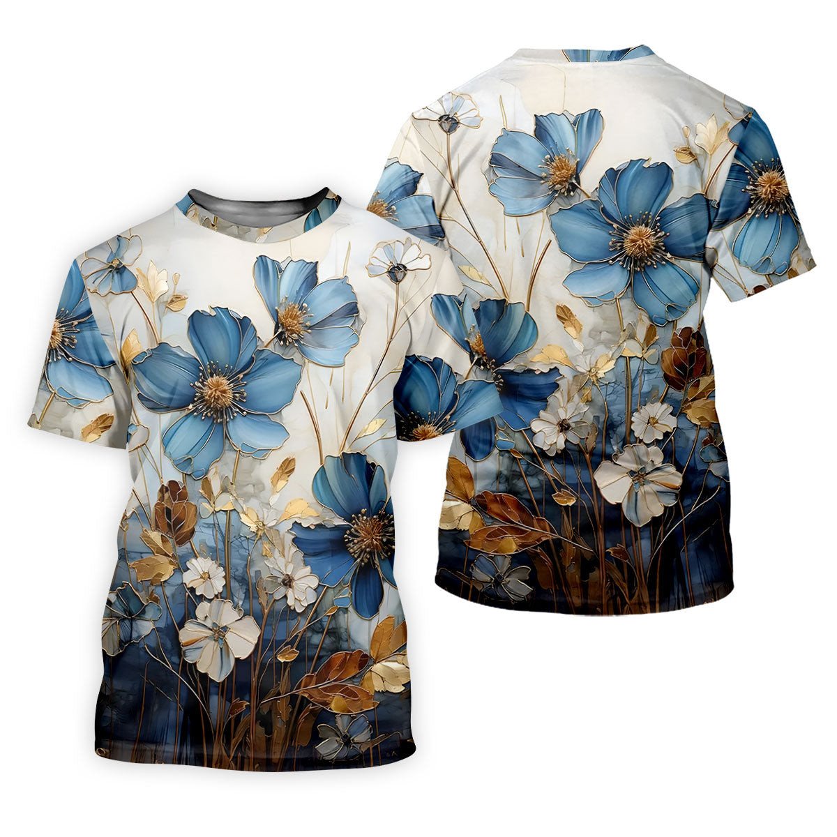 Blue And Gold Botanical Floral Hawaiian Golf Shirt, Men's Golf Shirt, Polo Shirts For Men SH818