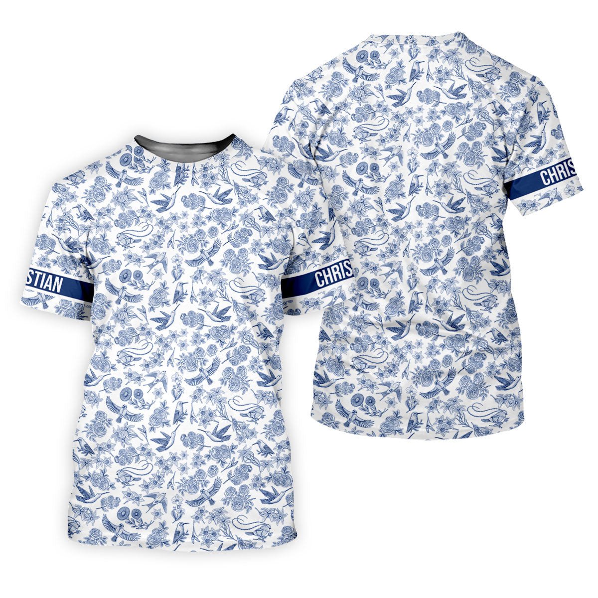 Custom Name Toile de Jouy Birds And Flowers Blue Golf Shirt, Women Golf Top, Ladies Golf Polos SH818