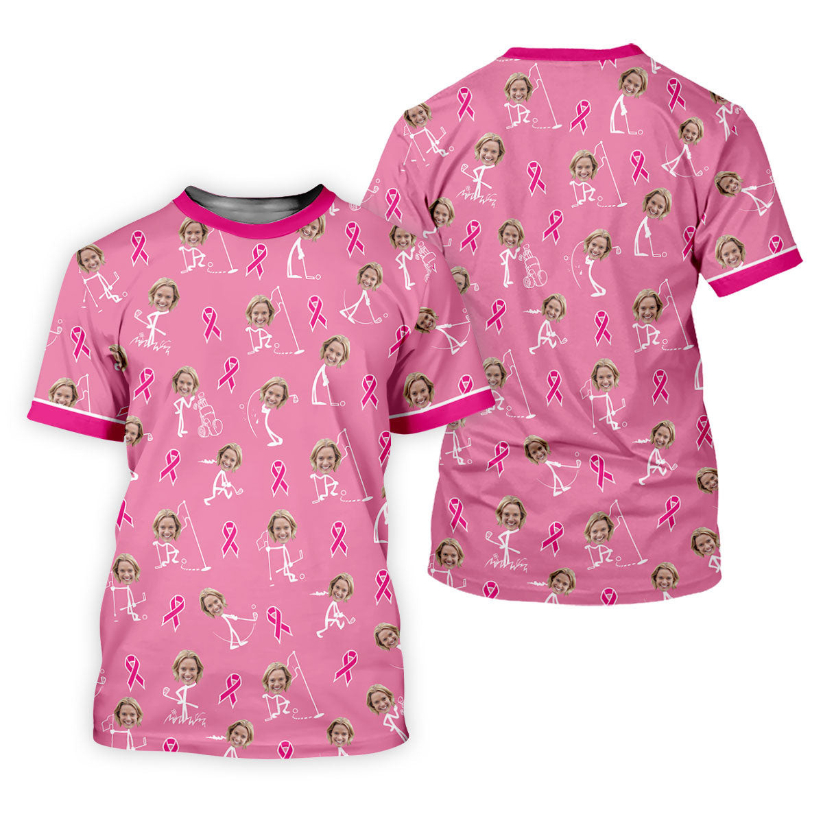 Funny Stick Figure Women's Golf Shirt, Custom Face Shirt, Breast Cancer Awareness Shirt, Pink Golf Shirt SH818