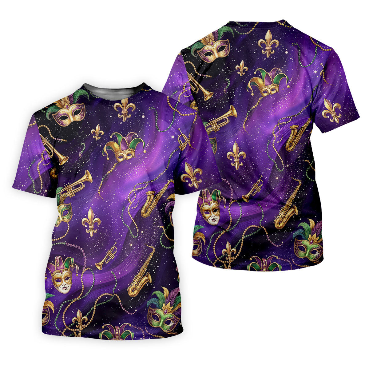 Golden Fleur De Lis Trumpet And Saxophone Mardi Gras Masquerade Mask Purple Golf Shirt, Golf Shirts For Men SH818