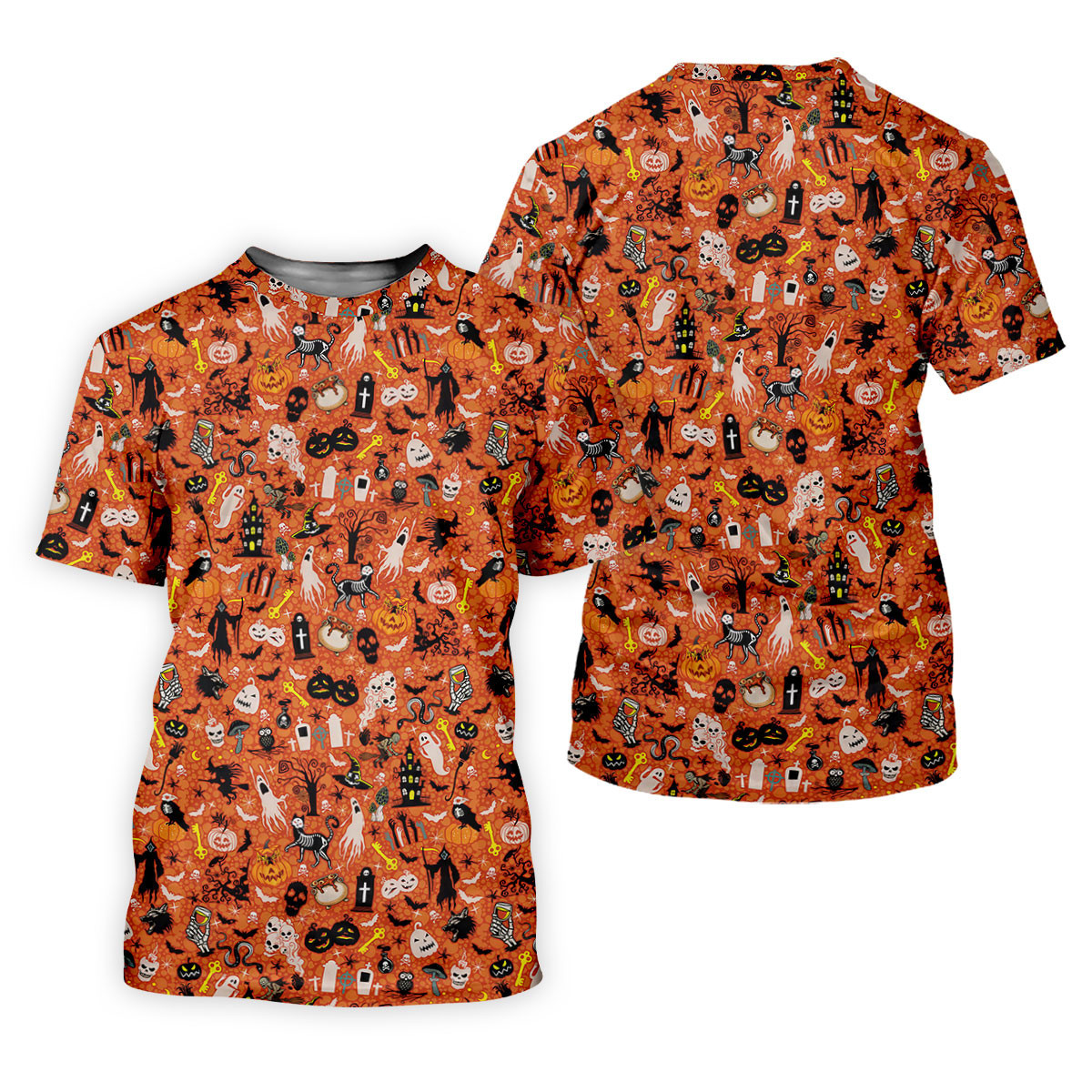 Halloween Skull Witch Cat Orange Golf Shirt, Funny Halloween Women's Golf Tops, Ladies Golf Shirts SH818