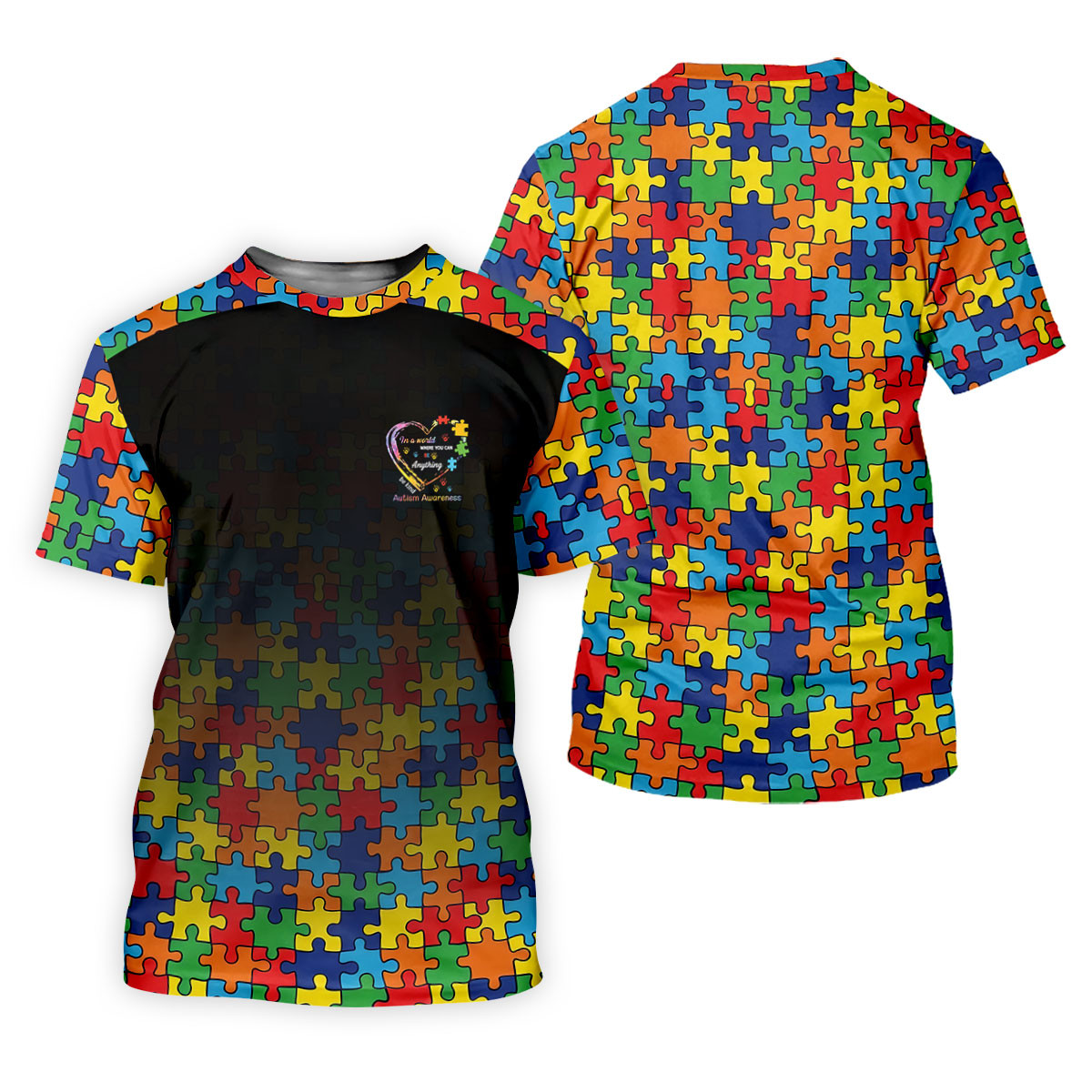 In A World Where You Can Be Anything Be Kind Autism Awareness Puzzle Pattern Black Fade Men's Golf Shirt SH818
