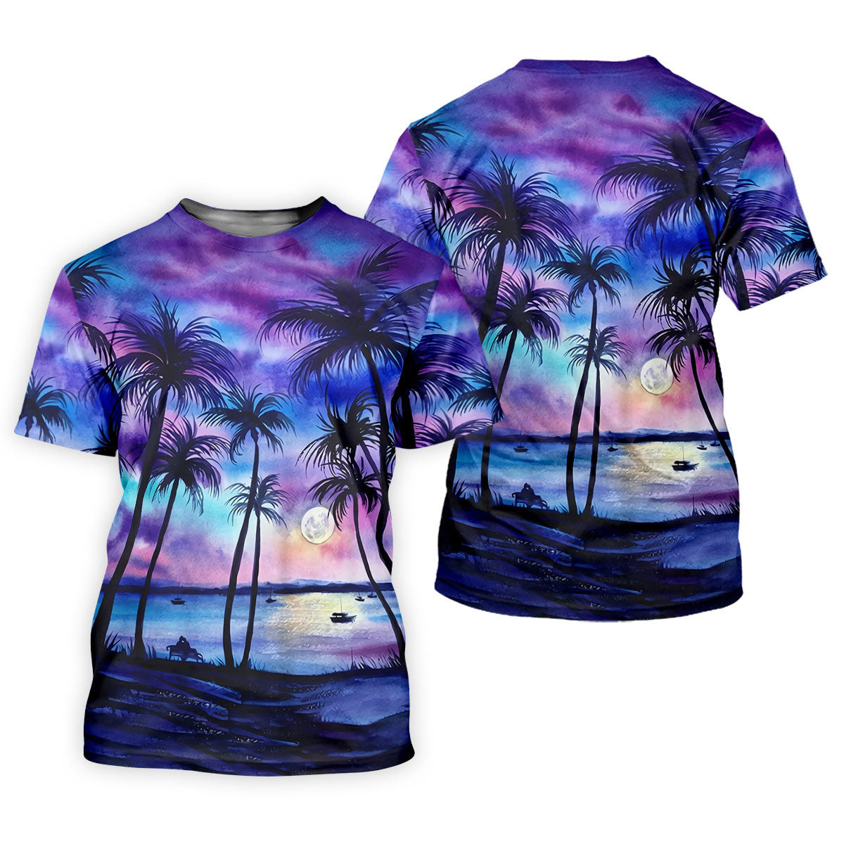 Moonlit Tropical Beach Palm Tree Design Hawaiian Golf Shirt, Golf Shirts For Men, Polo Shirts For Men SH818