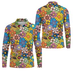 Multicolor Retro Flower Power Golf Shirt, Mens Golf Polo, Hawaiian Golf Shirt, Golf Apparel For Men SH818