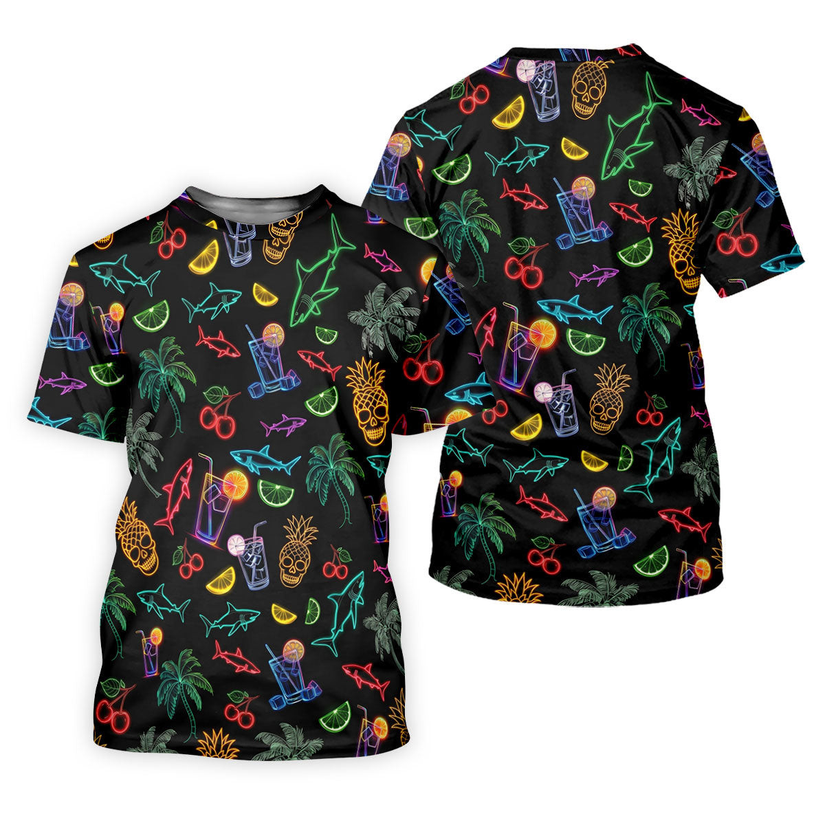 Neon Shark And Cocktail Pattern Hawaiian Golf Shirt, Men's Golf Shirt, Polo Shirts For Men SH818
