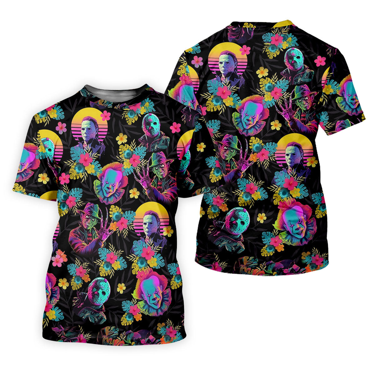 Neon Floral Halloween Horror Character Hawaiian Golf Shirt, Men's Golf Shirt, Mens Golf Polo SH818