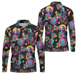 Neon Floral Halloween Horror Character Hawaiian Golf Shirt, Men's Golf Shirt, Mens Golf Polo SH818