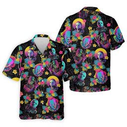 Neon Floral Halloween Horror Character Hawaiian Golf Shirt, Men's Golf Shirt, Mens Golf Polo SH818