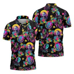 Neon Floral Halloween Horror Character Hawaiian Golf Shirt, Men's Golf Shirt, Mens Golf Polo SH818