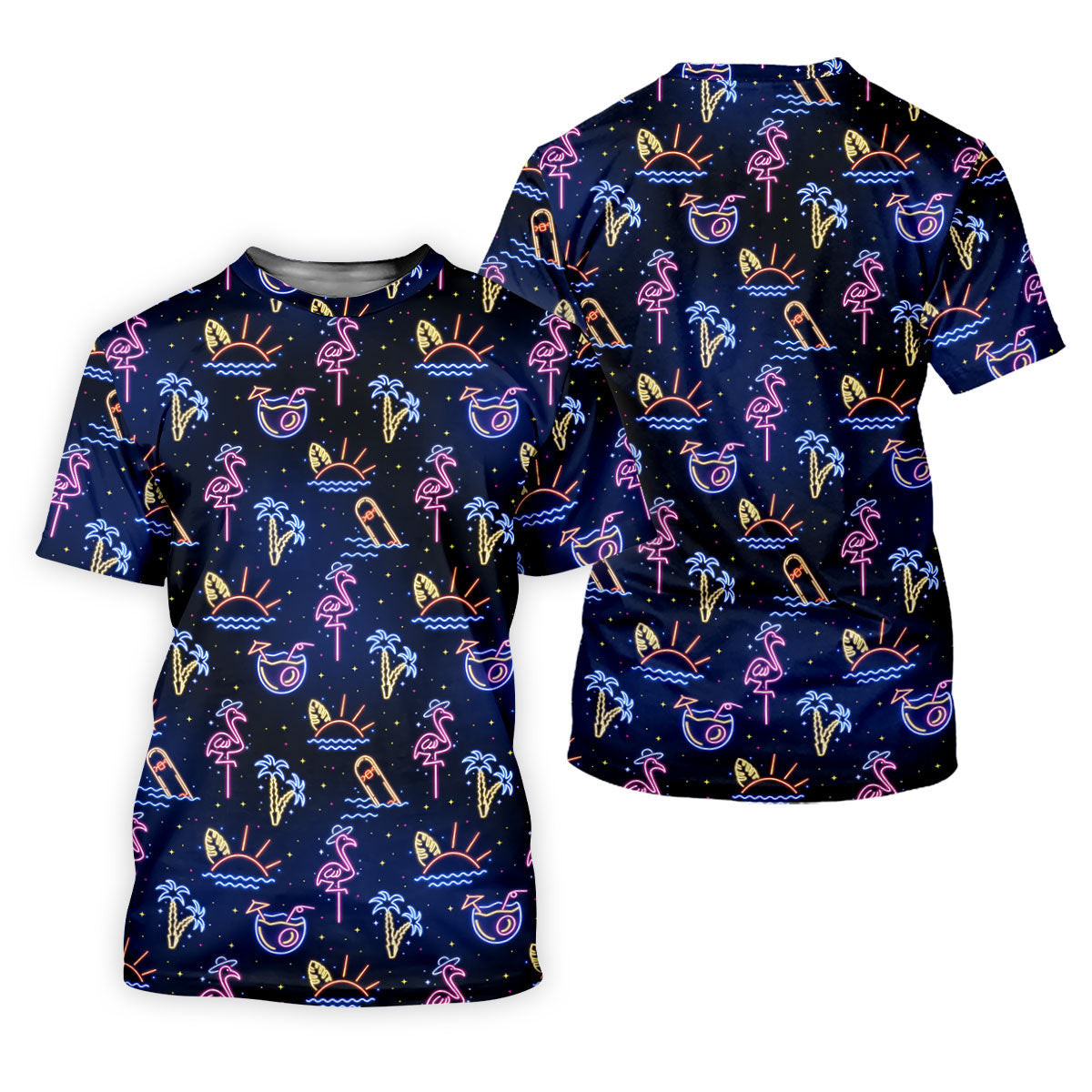 Neon Tropical Flamingo Sunset Cocktail Night Golf Polo, Hawaiian Golf Shirt, Ladies Golf Shirt SH818