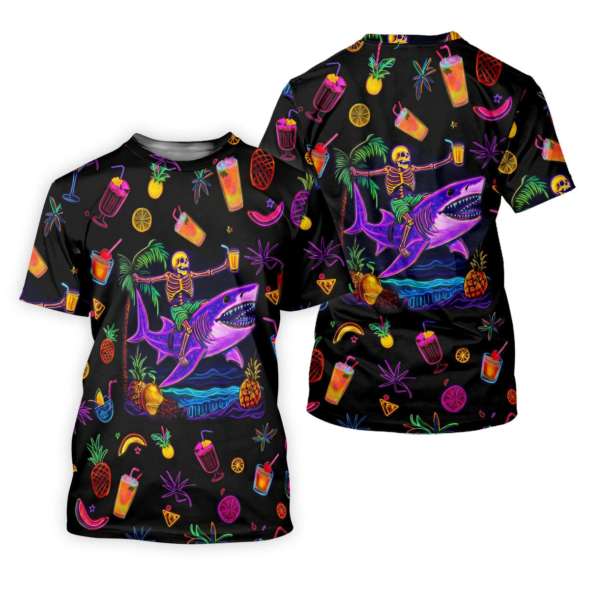 Neon Shark Beach Party Pattern Hawaiian Golf Shirt, Golf Shirts For Men, Polo Shirts For Men SH818