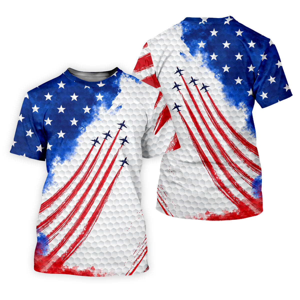 Patriotic Fighter Jet Men's Polo Shirt, American Flag Golf Shirt with Blue Angels Jet Trails, 4th of July USA Veteran Gift Men's Polo SH818