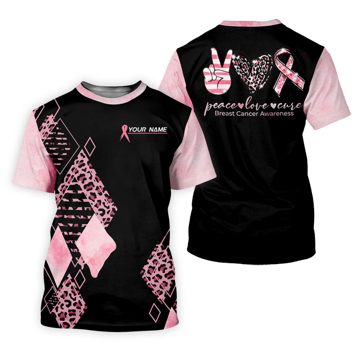 Peace Love Cure Men's Golf Shirt, Breast Cancer Awareness Shirt, Pink Leopard Golf Shirt, Golf Gift For Men SH818