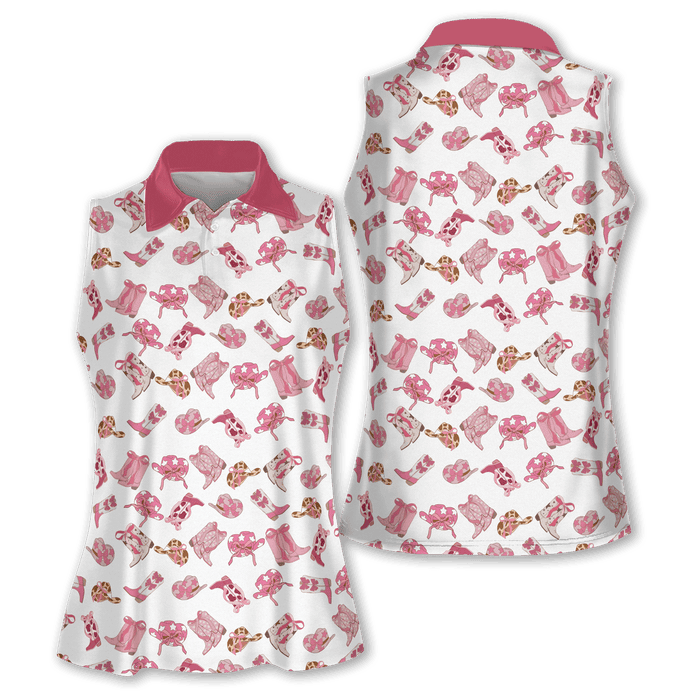 Pink Cowgirl Sleeveless Golf Shirts, Western Golf Shirts Women, Custom Ladies Golf Shirt SH818