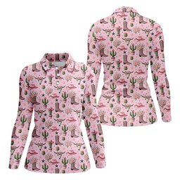 Pink Western Boots Roses Cactus Pattern Hawaiian Golf Shirt, Printed Golf Shirt, Women's Golf Apparel SH818