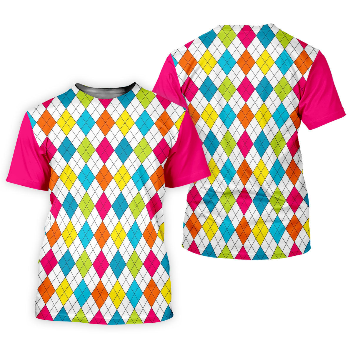 Pink Sleeve Colorful Argyle Plaid Golf Shirt, Golf Polo For Women, Printed Golf Shirt SH818