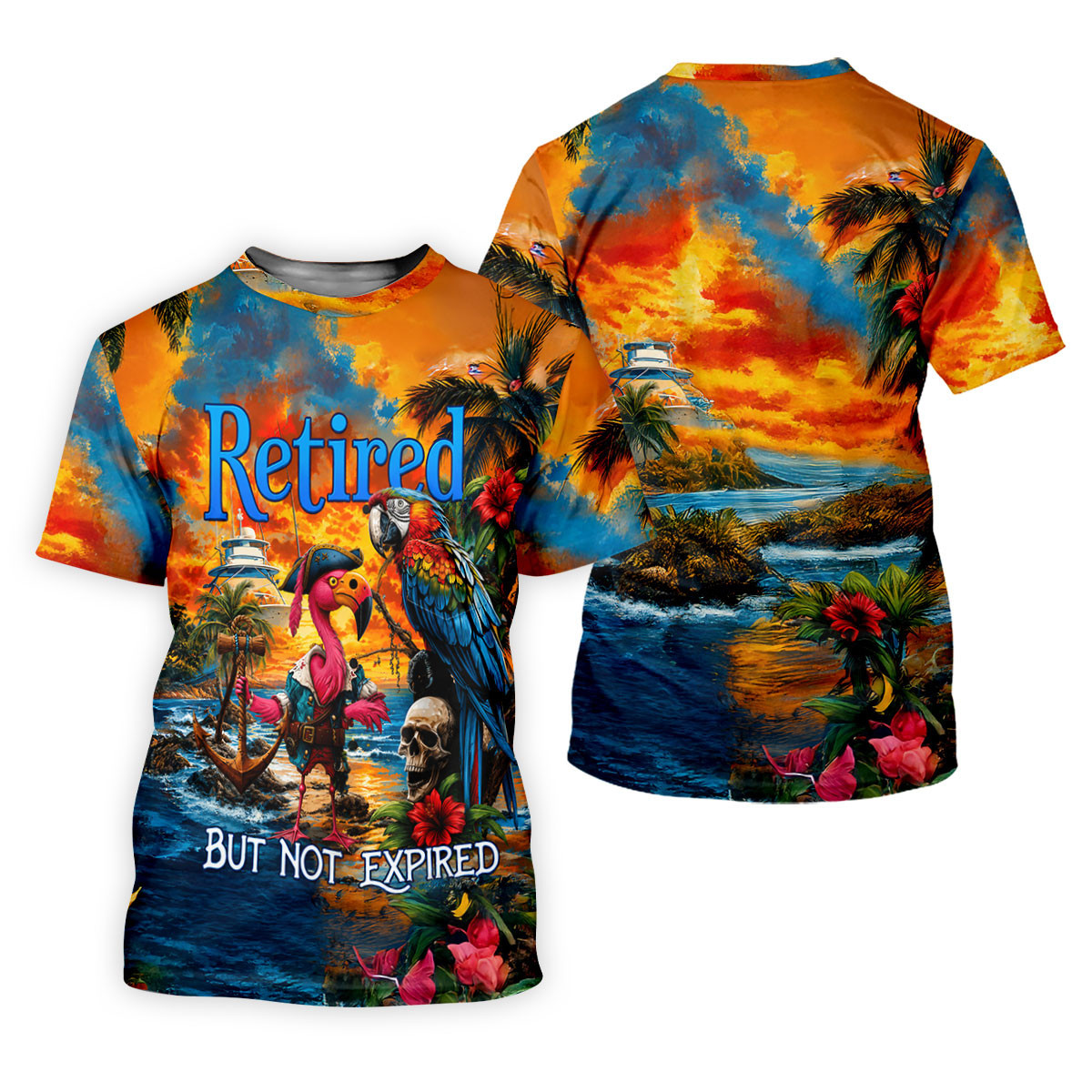 Retired Parrot Flamingo Pirate Tropical Golf Shirt, Mens Golf Polo, Hawaiian Golf Shirt, Golf Apparel For Men SH818