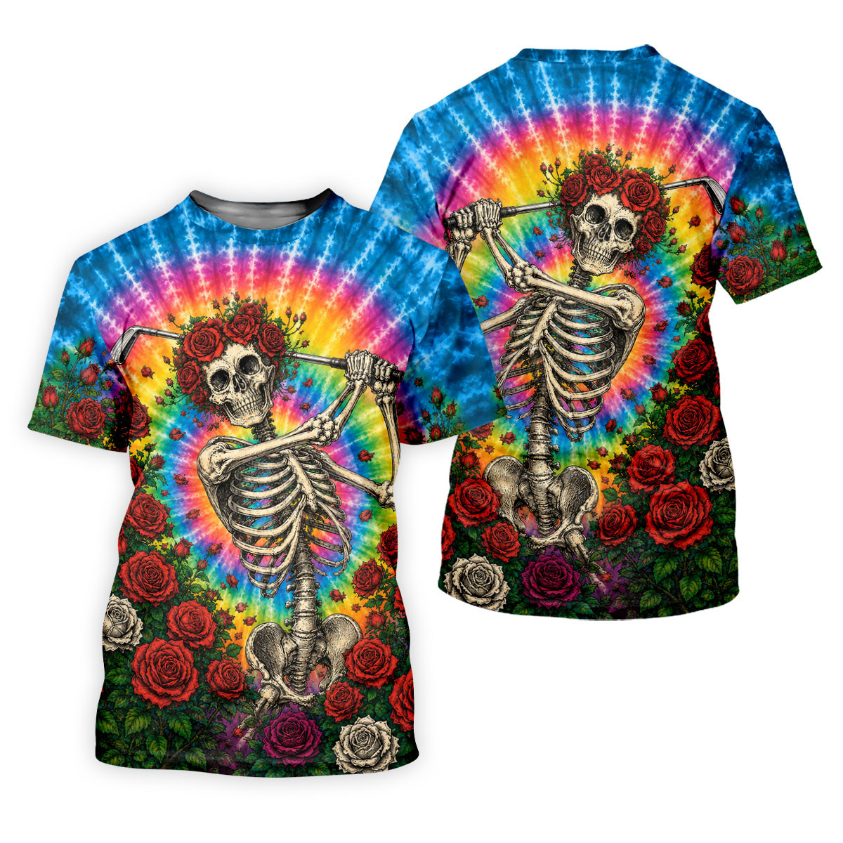 Rose Tie Dye Skeleton Golfer Halloween Polo Shirt, Mens Golf Shirts, Printed Golf Shirts SH818