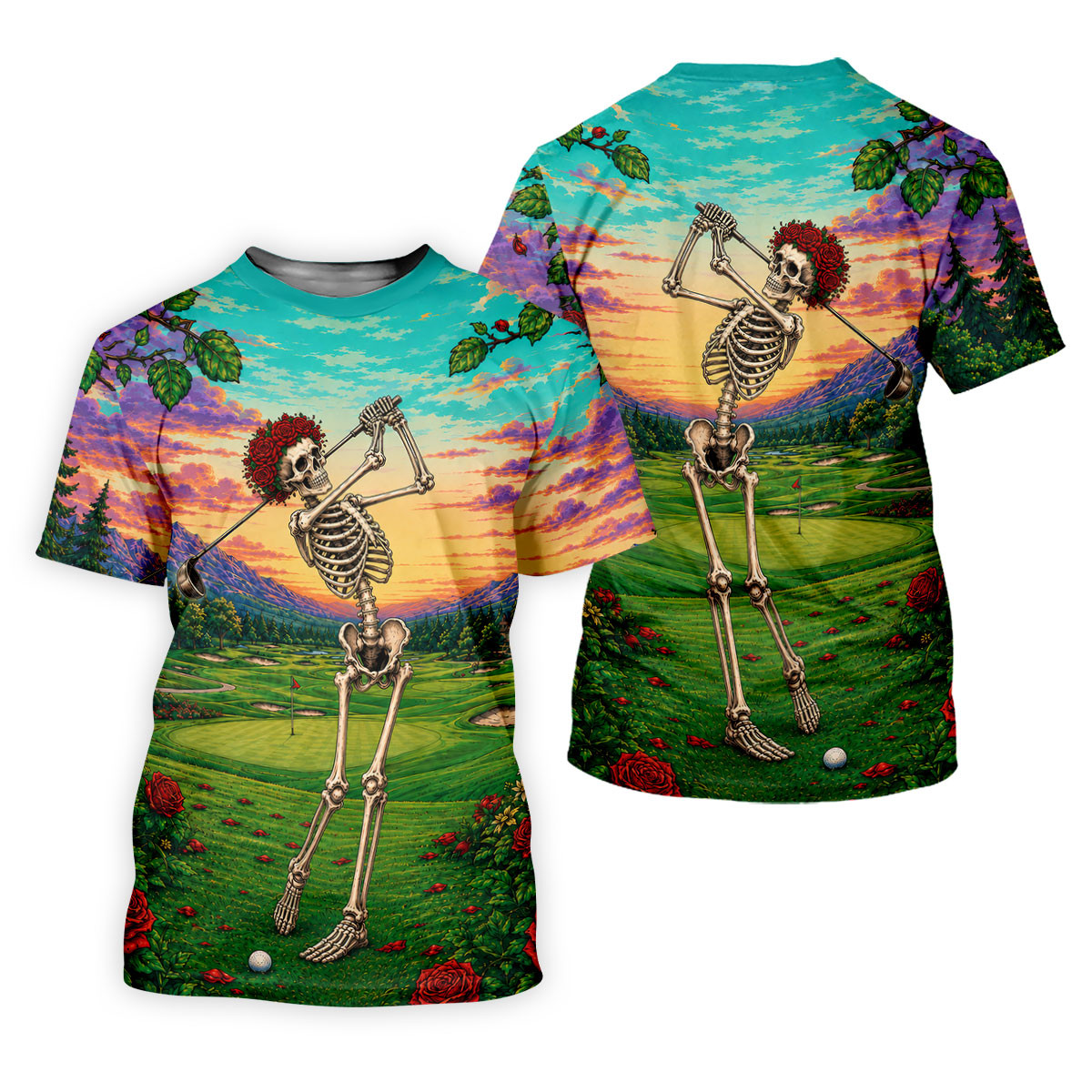 Skeleton Golfer Sunset Golf Course Shirt, Mens Golf Apparel, Halloween Golf Shirt SH818