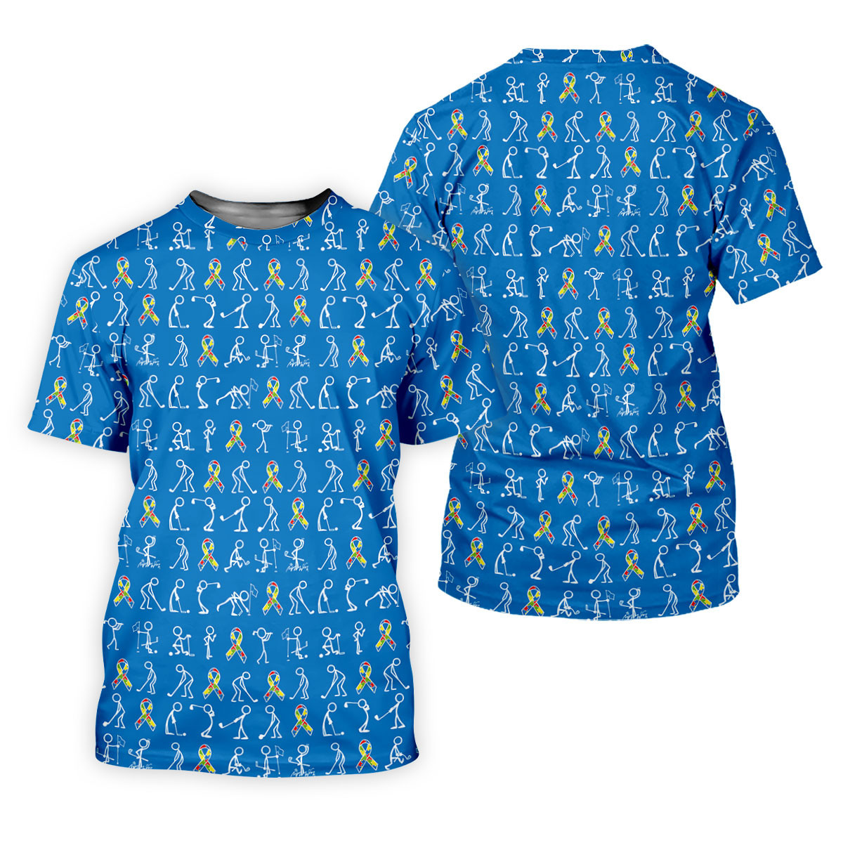 Stick Figure Golf Pose Autism Ribbon Blue Golf Shirt, Autism Awareness Colors Golf Shirts For Men SH818