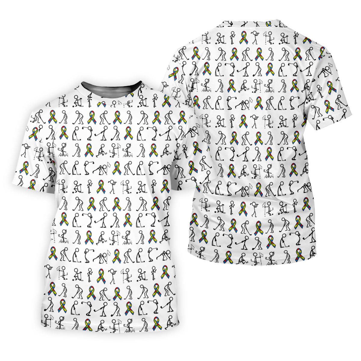 Stick Figure Golf Pose Autism Ribbon White Golf Shirt, Autism Awareness Colors Ladies Golf Polos SH818