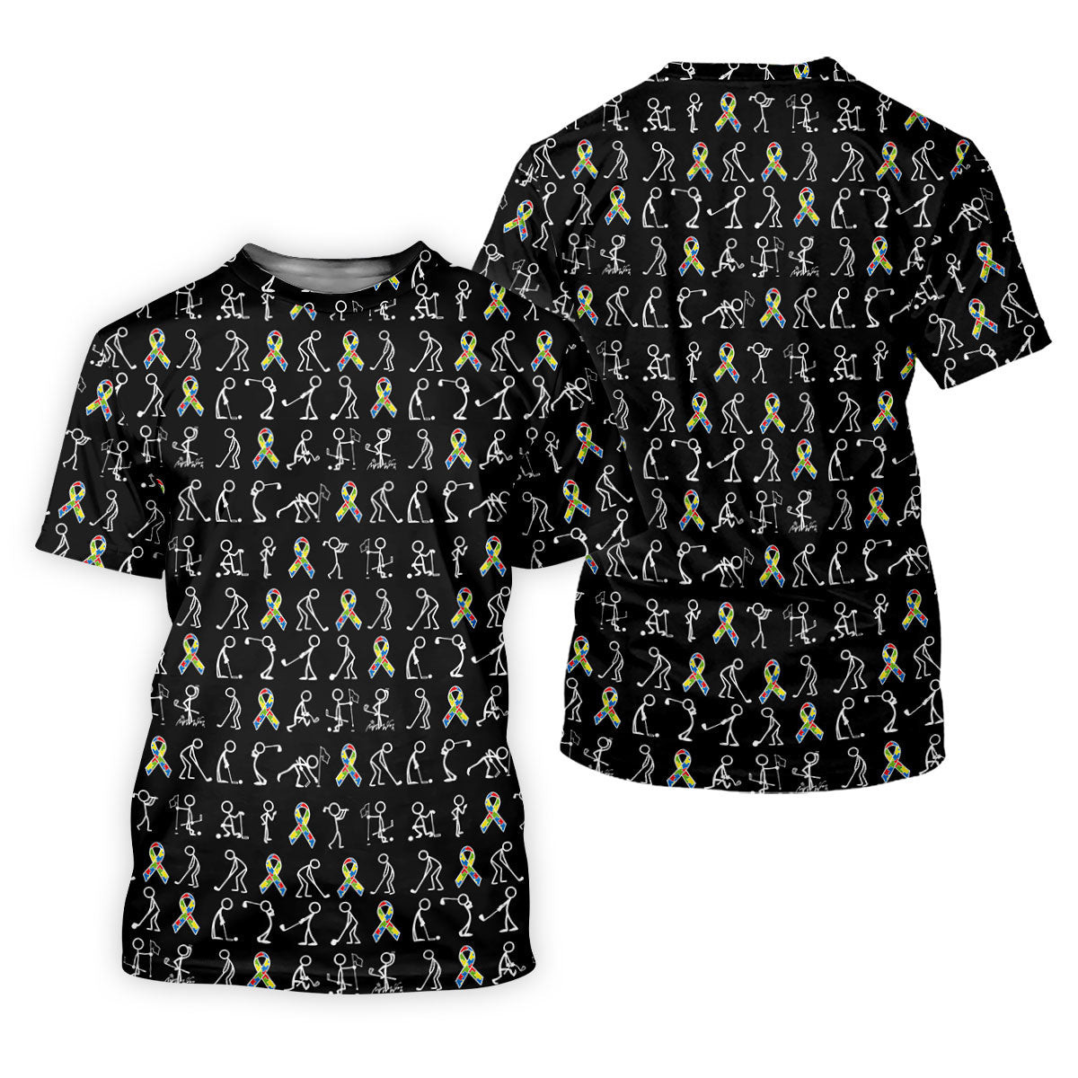 Stick Figure Golf Pose Autism Ribbon Black Golf Shirt, Autism Awareness Colors Ladies Golf Polos SH818
