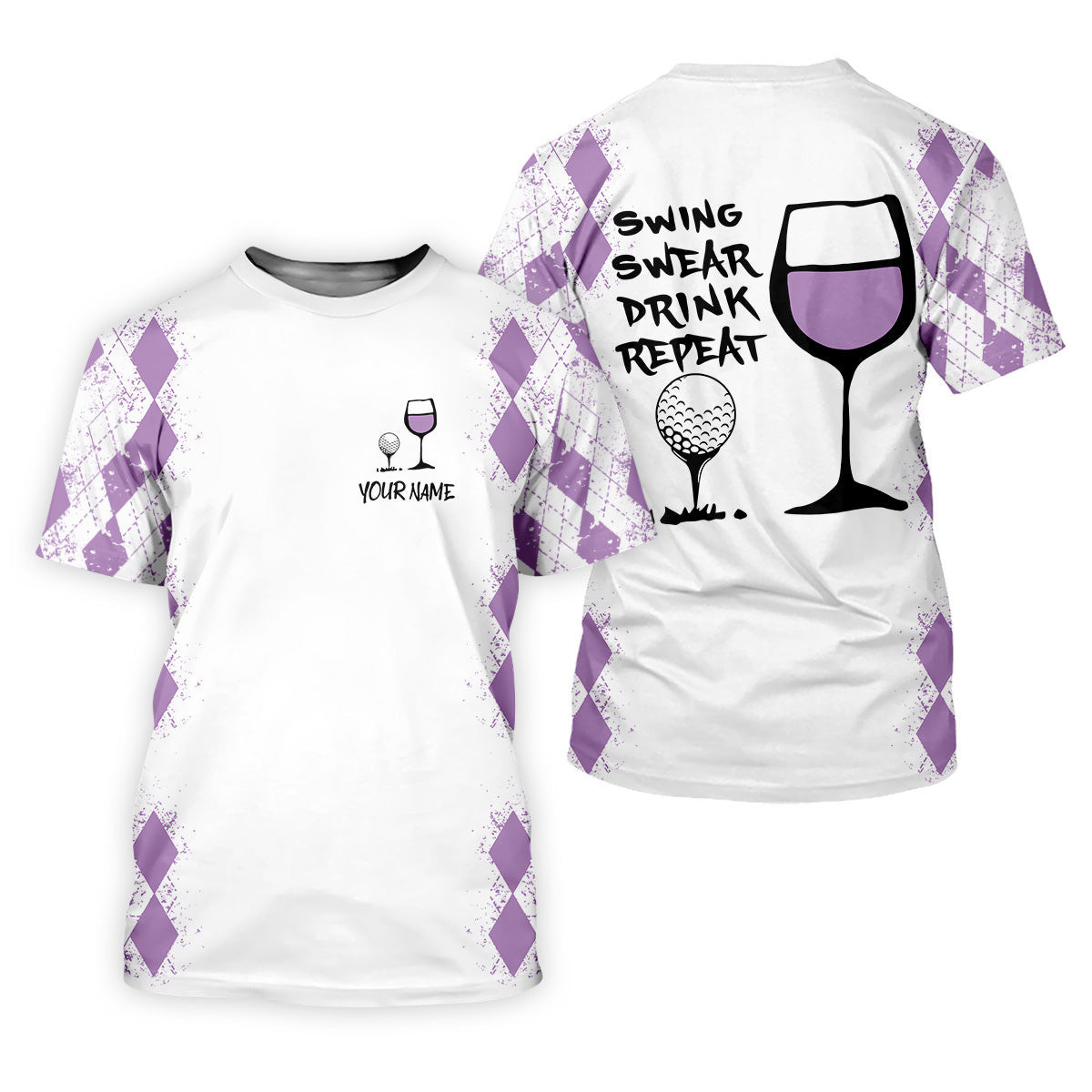 Swing Swear Drink Repeat Purple Argyle Golf Shirt, Fun Womens Golf Shirts, White Polo Women, Ladies Golf Shirts SH818