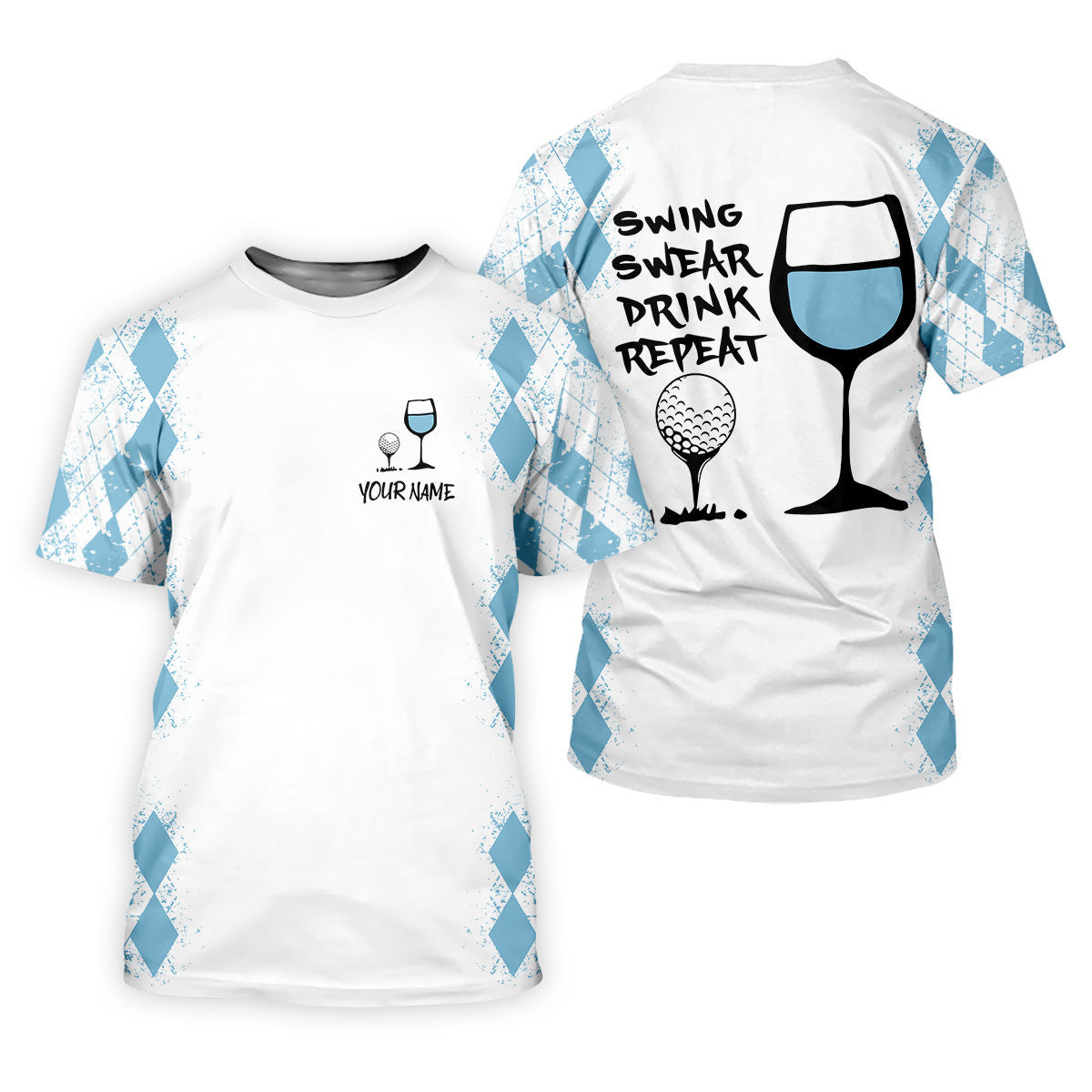 Swing Swear Drink Repeat Light Blue Argyle Golf Shirt, Fun Womens Golf Shirts, White Polo Women, Ladies Golf Shirts SH818