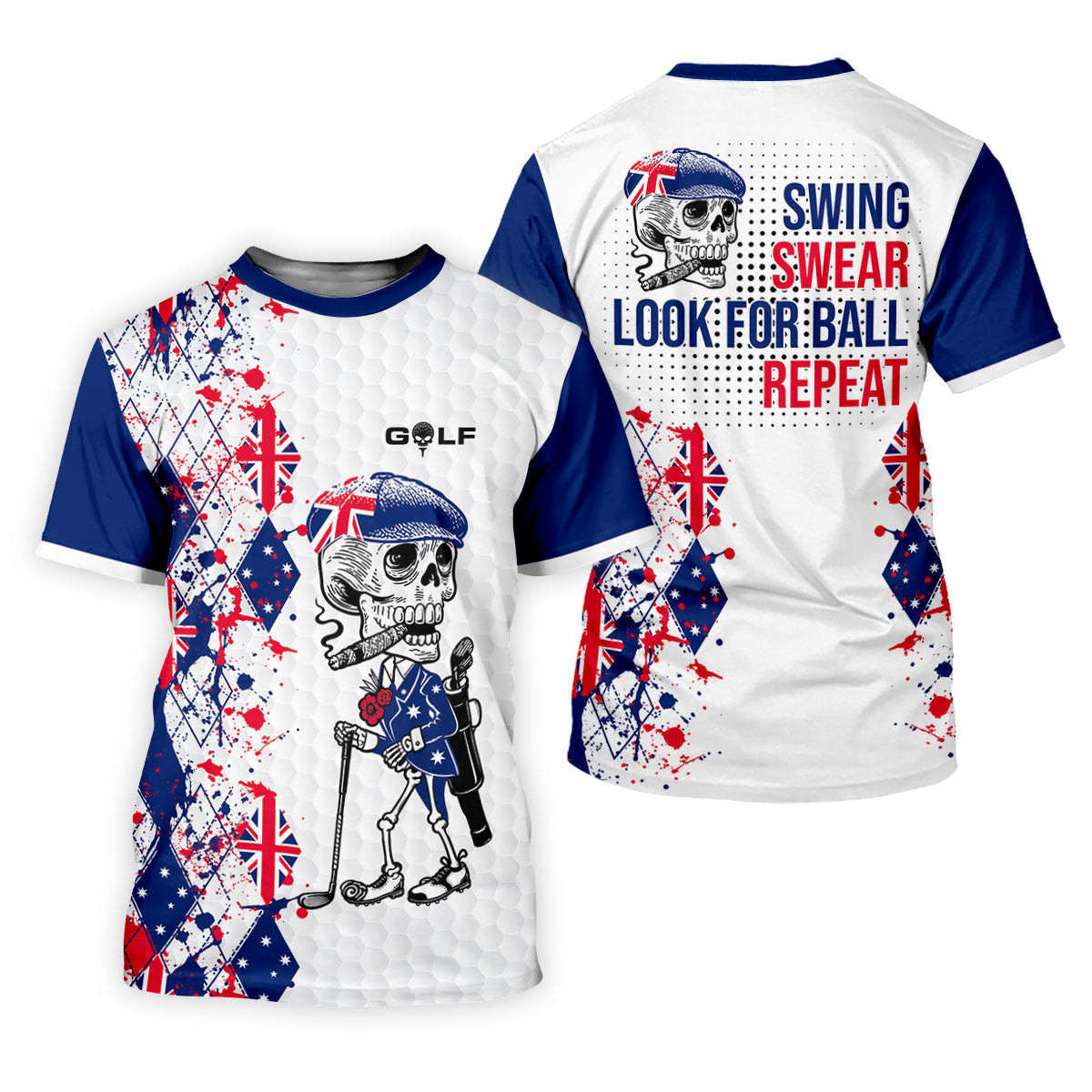 Swing Swear Look For Ball Repeat Australia Flag Print Skeleton Golfer Argyle Golf Shirt, Women's Golf Tops SH818
