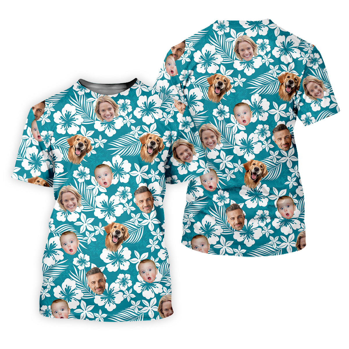 Teal Color Shirt, White Hibiscus Floral Golf Shirt, Custom Face Shirt, Mens Tropical Shirts, Hawaiian Shirts For Men SH818