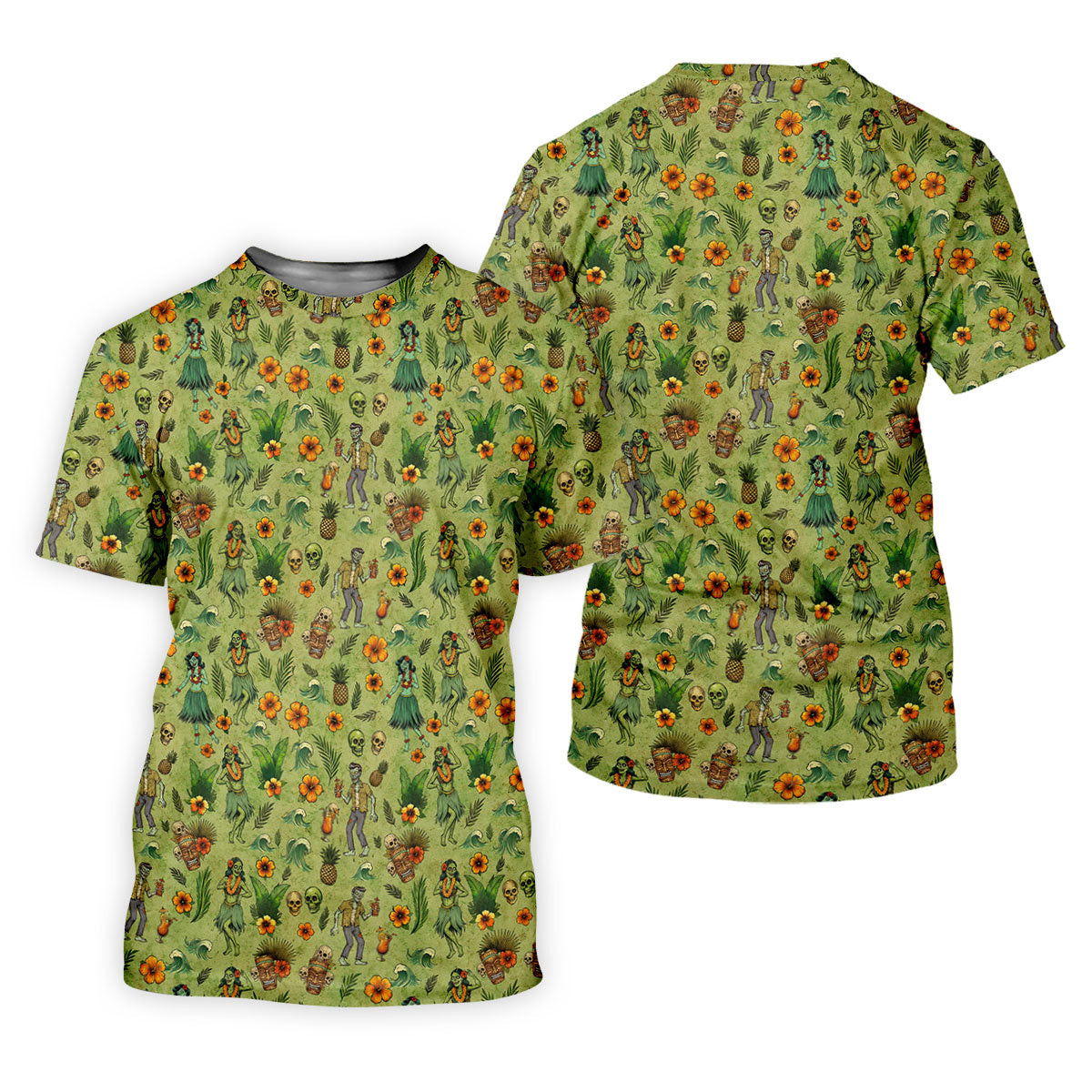 Tiki Zombie Hawaiian Golf Shirt, Hula Dancer Skull Pattern, Polo Shirts For Men SH818