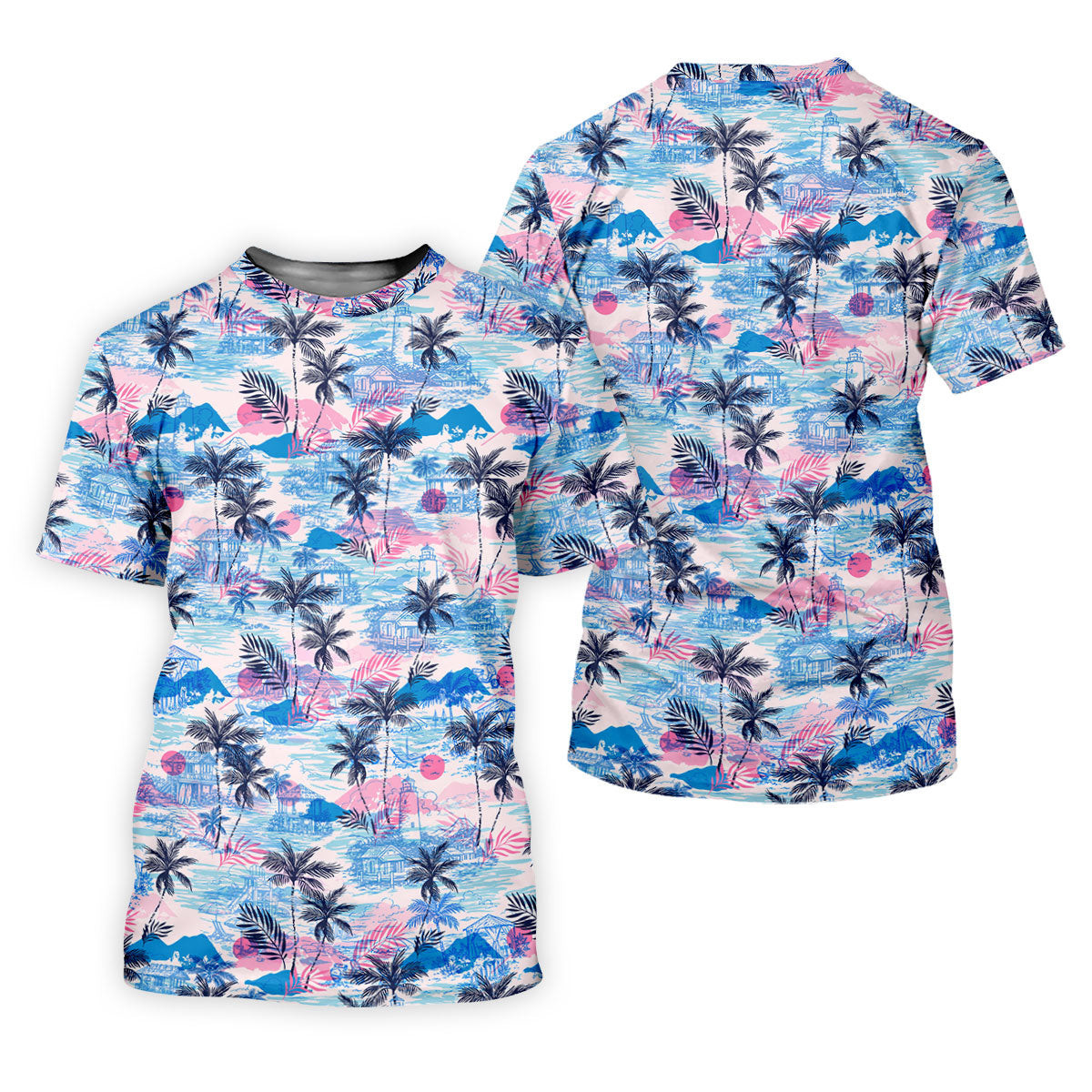 Tropical Island Sunset Pink And Blue Hawaiian Golf Shirt, Polo Shirts For Men, Golfing Apparel SH818
