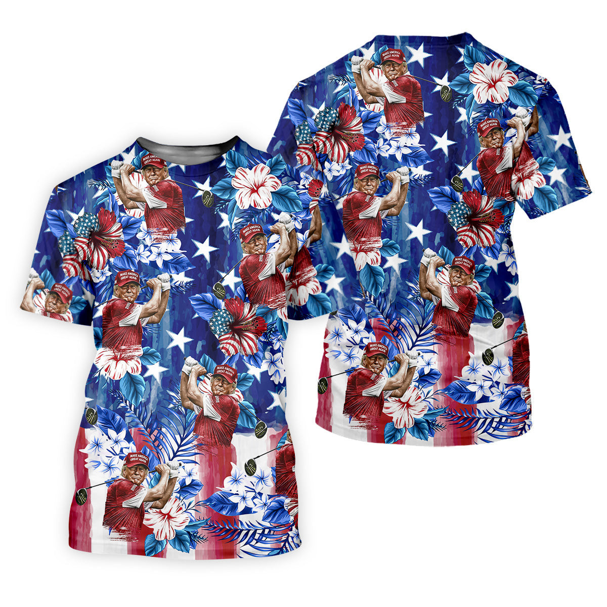 Tropical Floral Pattern Patriotic Golf Shirt, Trump Women Golf Top, Red White Blue Ladies Golf Shirts SH818