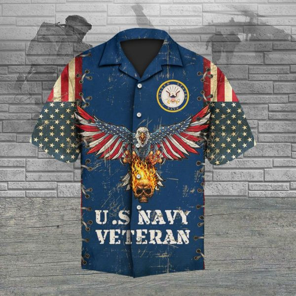 U.S Navy Veteran United States Navy Eagle And Fire Skull American Flag Veterans Day Hawaiian Shirt SH818