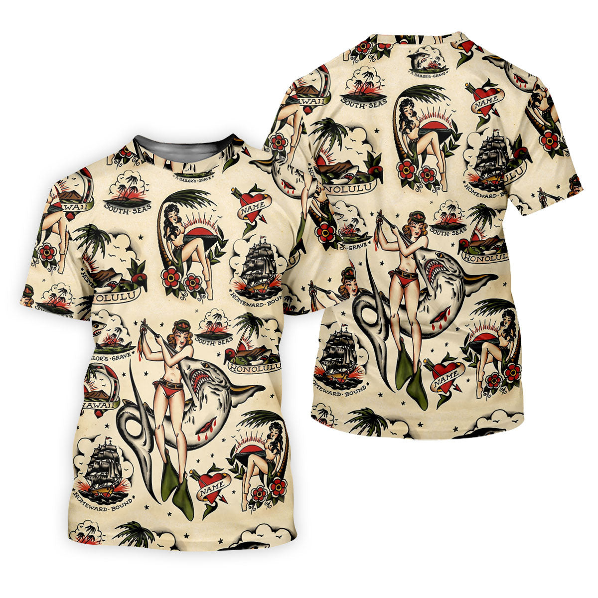 Vintage Hawaiian Pin Up Shark Tattoo Golf Shirt, Hawaiian Golf Shirt, Mens Golf Apparel SH818