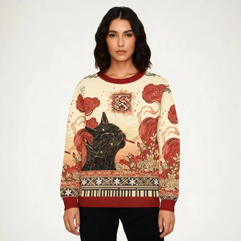 Cat Smoking In Artistic Floral Scene Christmas Ugly Sweater Xmas UGLY926
