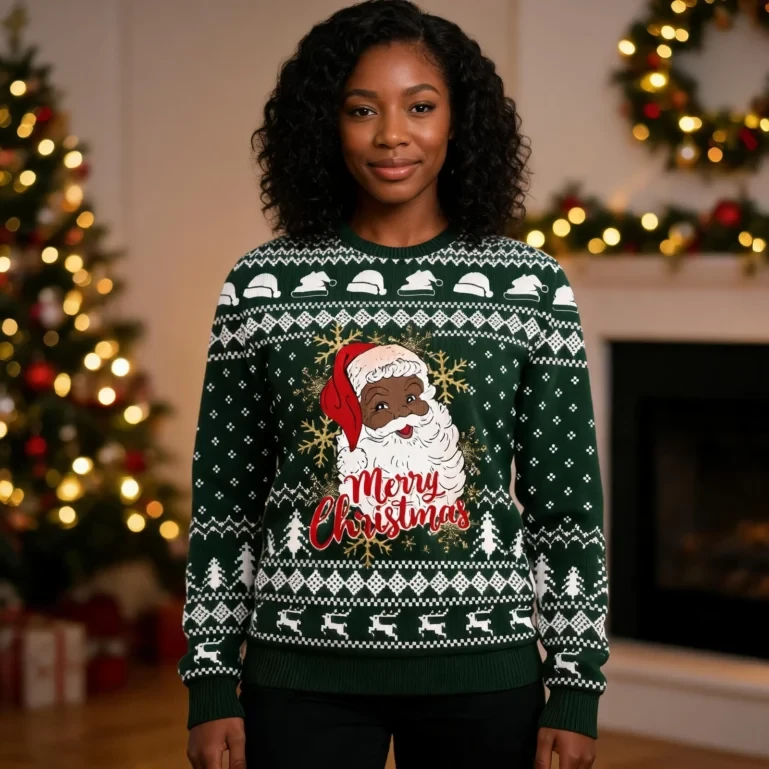 Black Santa Merry Christmas Ugly Christmas Sweater Forest Green UGLY926