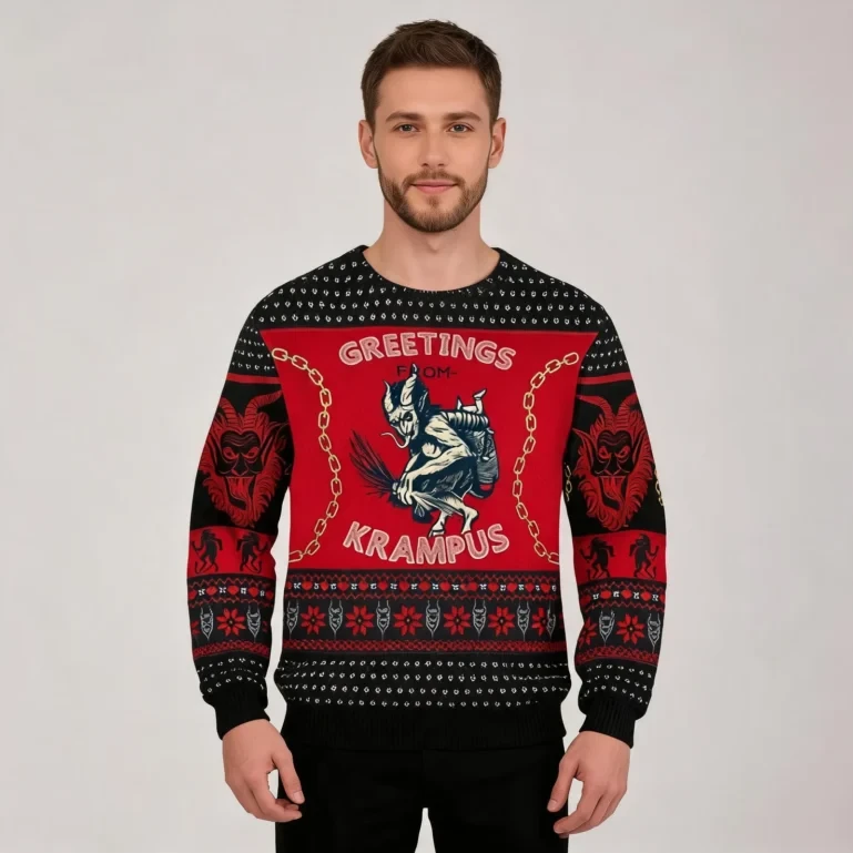 Krampus Sweater Greetings From Krampus Ugly Christmas Sweater UGLY926