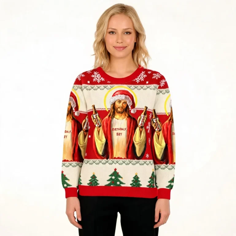 Jesus Wearing A Santa Hat And Ipa Christmas Ugly Sweater Xmas UGLY926