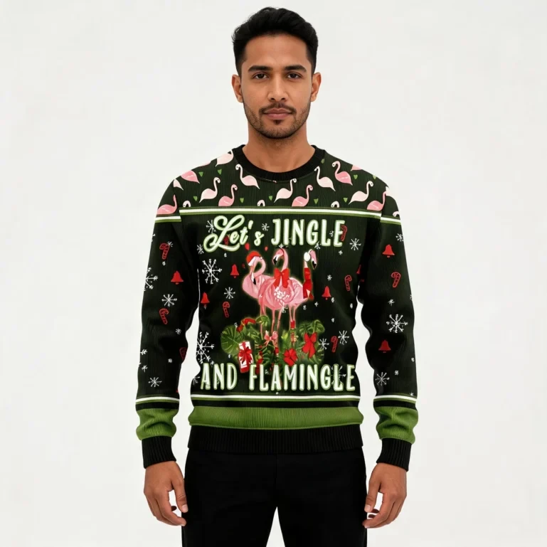 Let's Jingle And Flamingle Ugly Christmas Sweater Xmas Wreath UGLY926