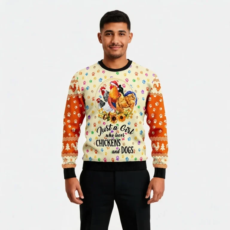 Just A Girl Who Loves Chickens And Dogs Ugly Christmas Sweater Xmas UGLY926