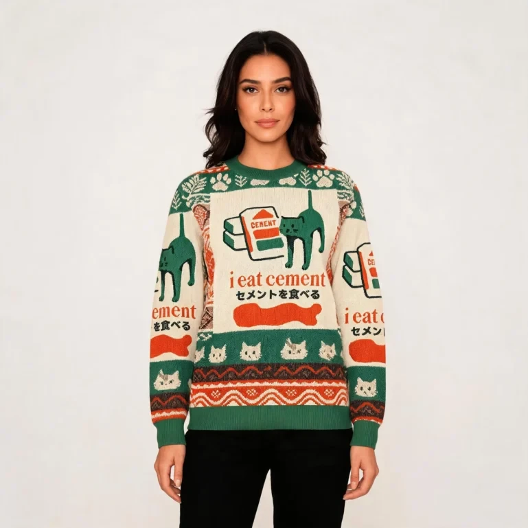 Japanese Cat I Eat Cement Ugly Sweater Animal Themed Unique Presents UGLY926