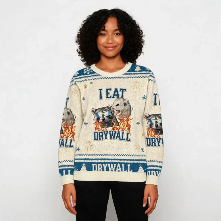 I Eat Drywall Funny Raccoon And Opossum Christmas Ugly Sweater Xmas UGLY926