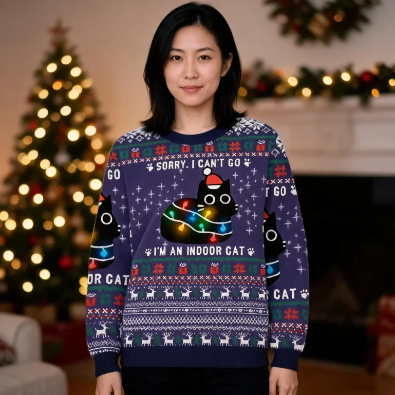 Everything Is Fine Funny Christmas Ugly Sweater Xmas Outfits Cat UGLY926