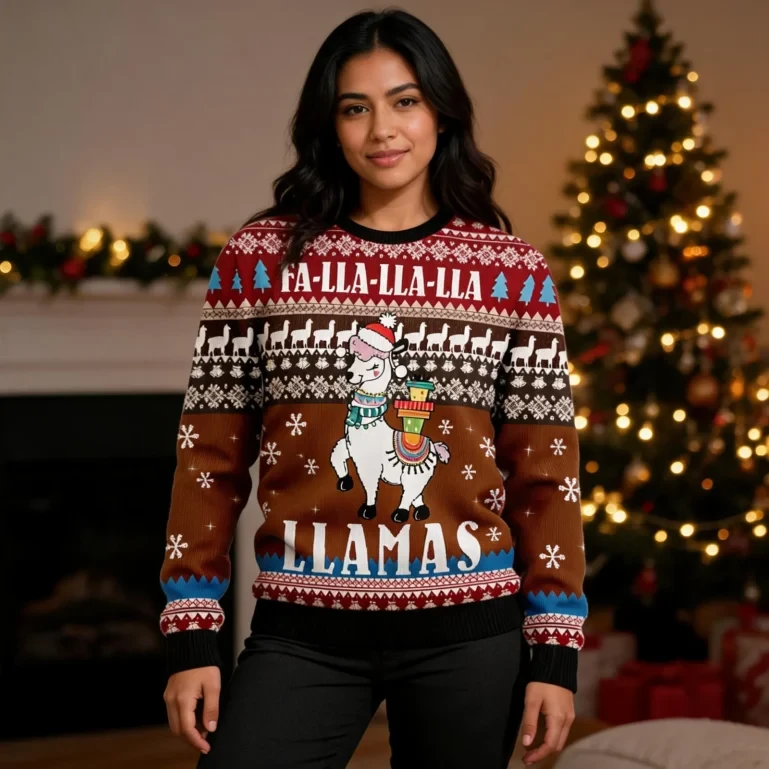 Fa Lla Lla Llamas Ugly Christmas Sweater Cute Xmas Apparel Flamingo UGLY926