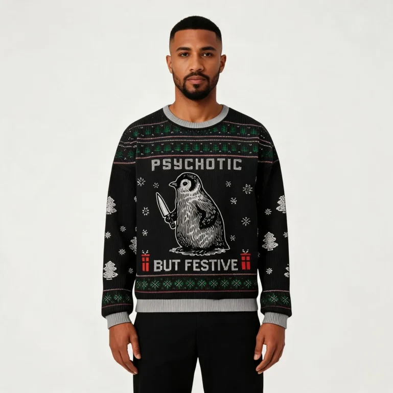 Penguin Psychotic But Festive Ugly Christmas Sweater Christmas UGLY926