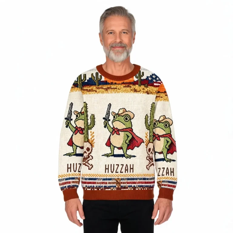 Funny Huzzah Frog With Sword Christmas Ugly Sweater Christmas UGLY926