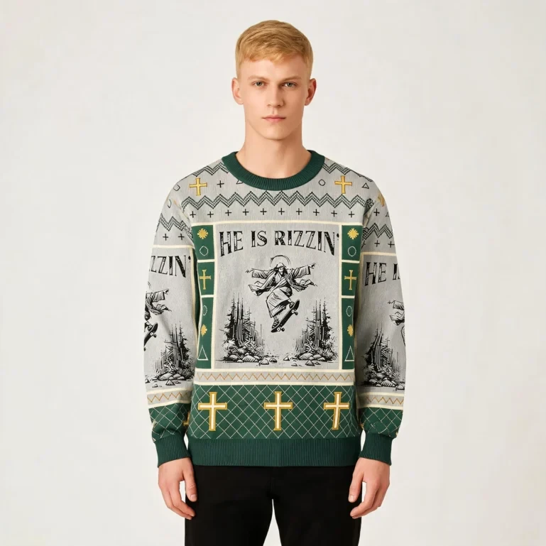 Funny Jesus Skateboard Ugly Sweater He Is Rizzin Winter Apparel UGLY926