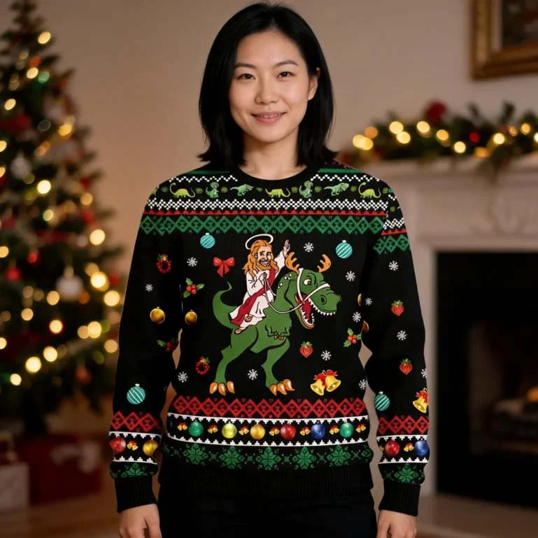 Jesus Christmas Ugly Christmas Sweater Dinosaur Design Cold Weather UGLY926